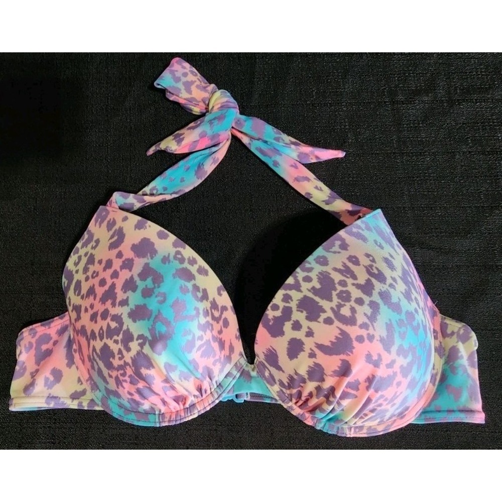 Tesco Push Up Bikini Top 36B Rainbow Leopard Animal Print Halter Clasp Back‎ New